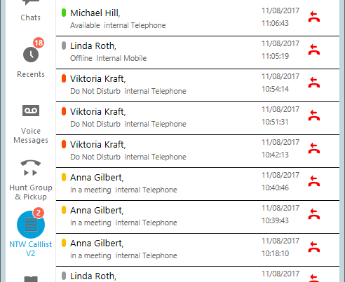 Call list filtered: only lost calls